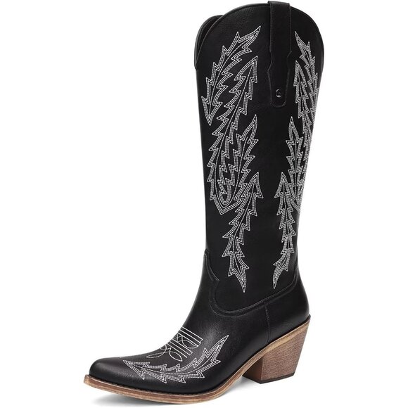 ⚡Womens Black Polyurethane Cowboy Side Zipper Knee High  Chunky Heel Boots - Picture 1 of 6